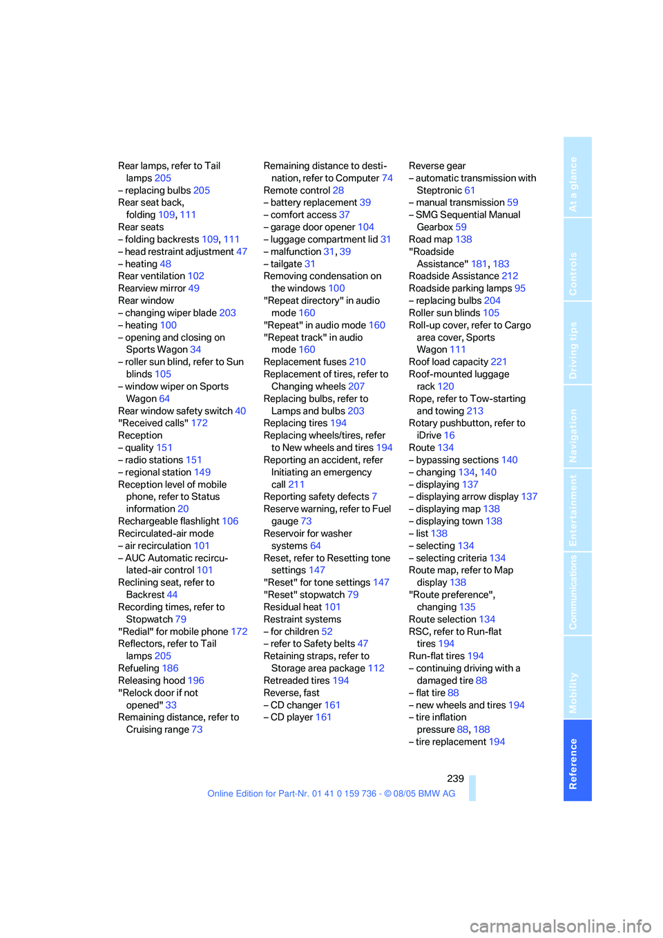 BMW 525XI 2006  Owners Manual Reference 239
At a glance
Controls
Driving tips
Communications
Navigation
Entertainment
Mobility
Rear lamps, refer to Tail 
lamps205
– replacing bulbs205
Rear seat back, 
folding109,111
Rear seats
�