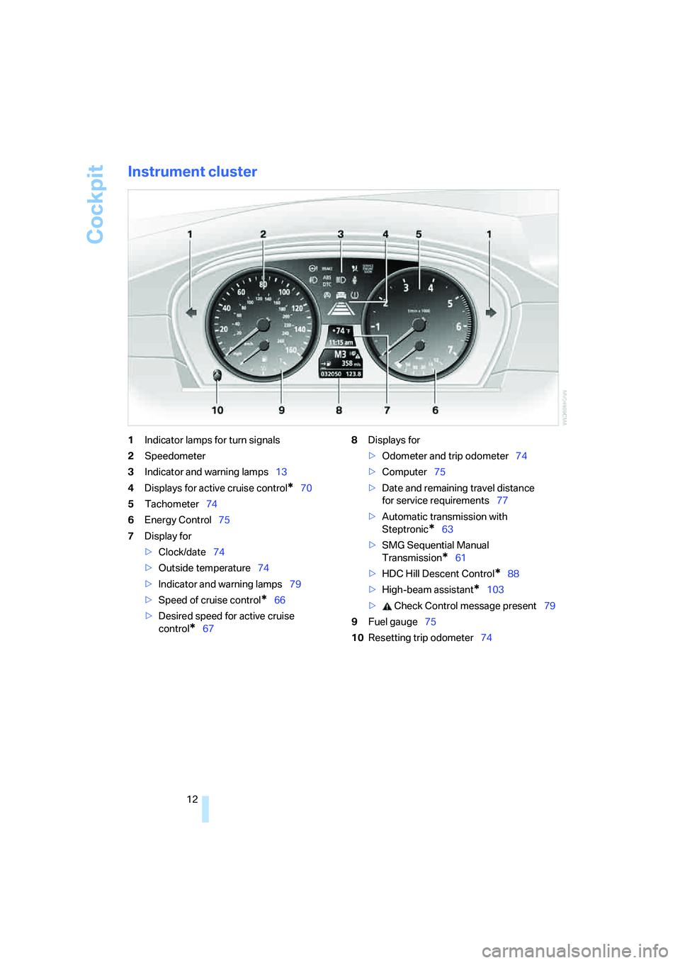 BMW 525XI SEDAN 2006  Owners Manual Cockpit
12
Instrument cluster
1Indicator lamps for turn signals
2Speedometer
3Indicator and warning lamps13
4Displays for active cruise control
*70
5Tachometer74
6Energy Control75
7Display for
>Clock/