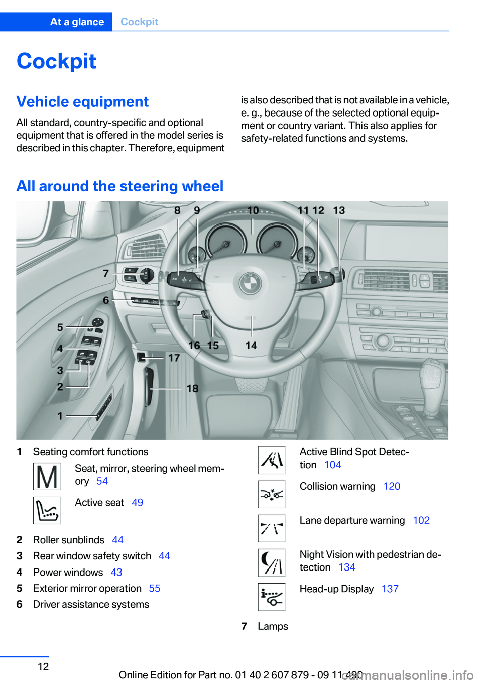 BMW 528I 2012 Owners Manual CockpitVehicle equipment
All standard, country-specific and optional
equipment that is offered in the model series is
described in this chapter. Therefore, equipmentis also described that is not avail BMW 528I 2012 Owners Manual CockpitVehicle equipment
All standard, country-specific and optional
equipment that is offered in the model series is
described in this chapter. Therefore, equipmentis also described that is not avail