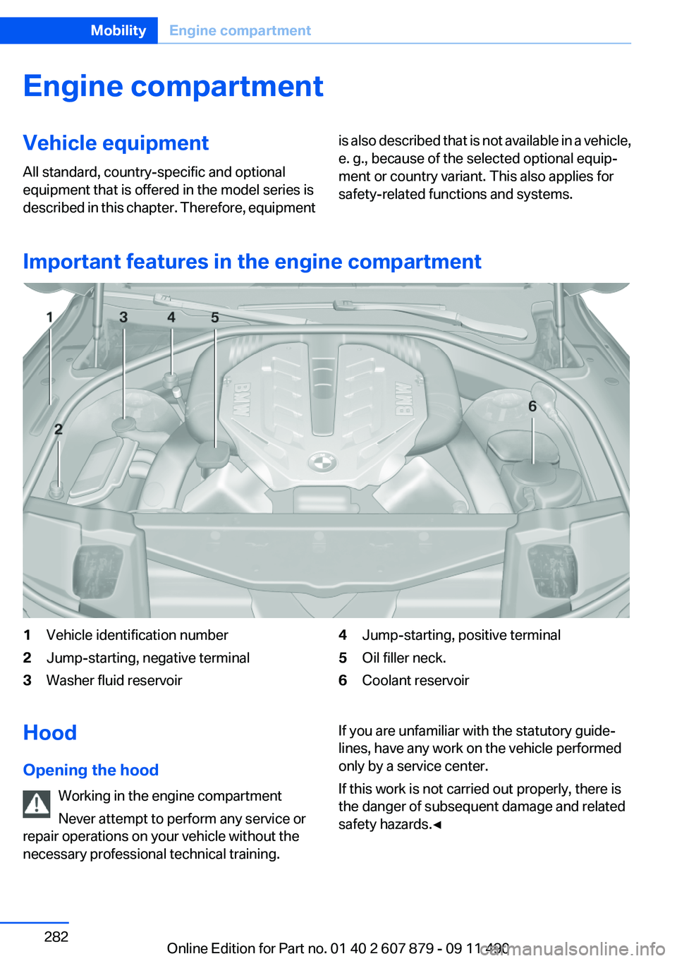 BMW 528I 2012  Owners Manual Engine compartmentVehicle equipment
All standard, country-specific and optional
equipment that is offered in the model series is
described in this chapter. Therefore, equipmentis also described that i