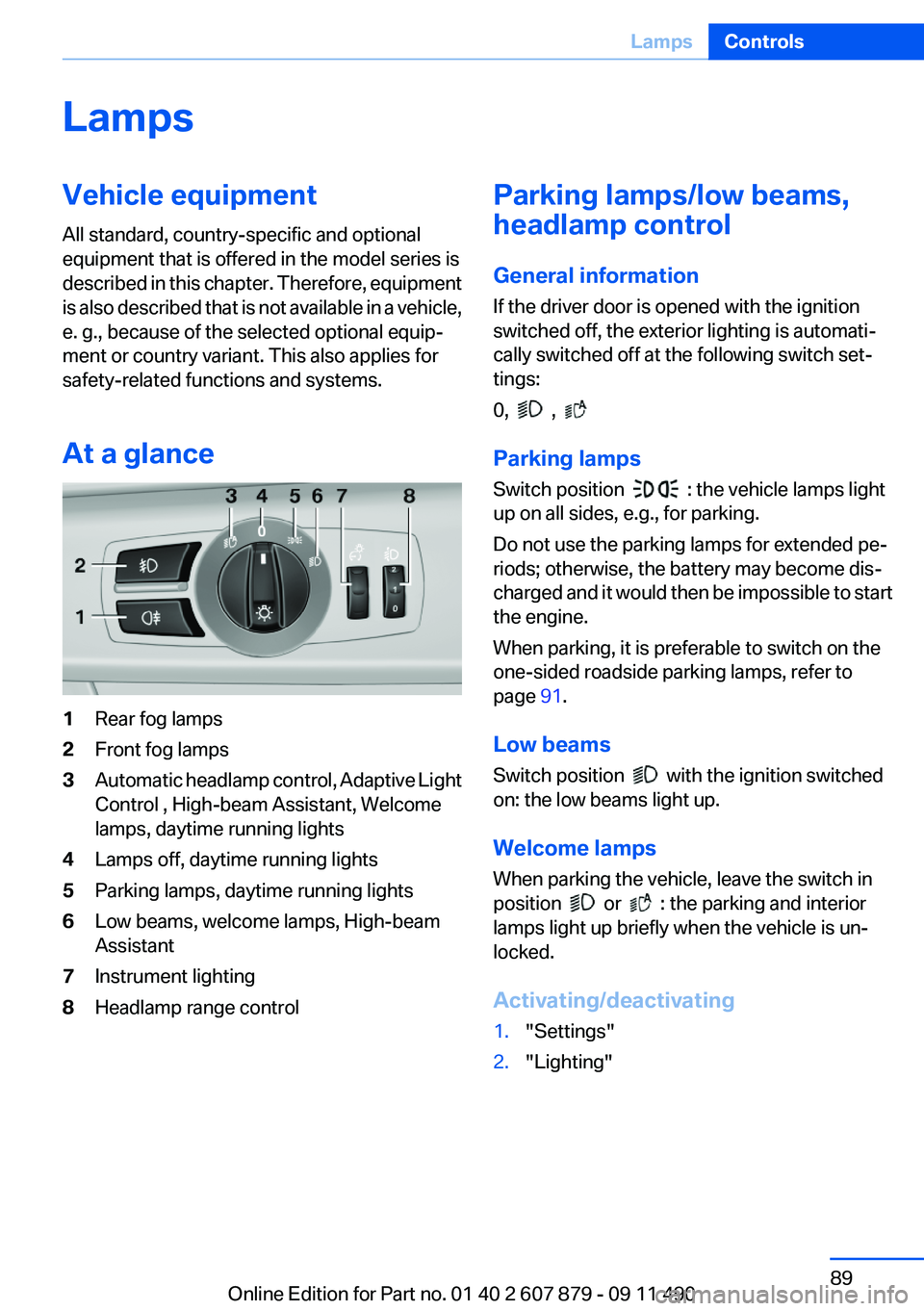 BMW 528I 2012 Manual Online LampsVehicle equipment
All standard, country-specific and optional
equipment that is offered in the model series is
described in this chapter. Therefore, equipment
is also described that is not availa