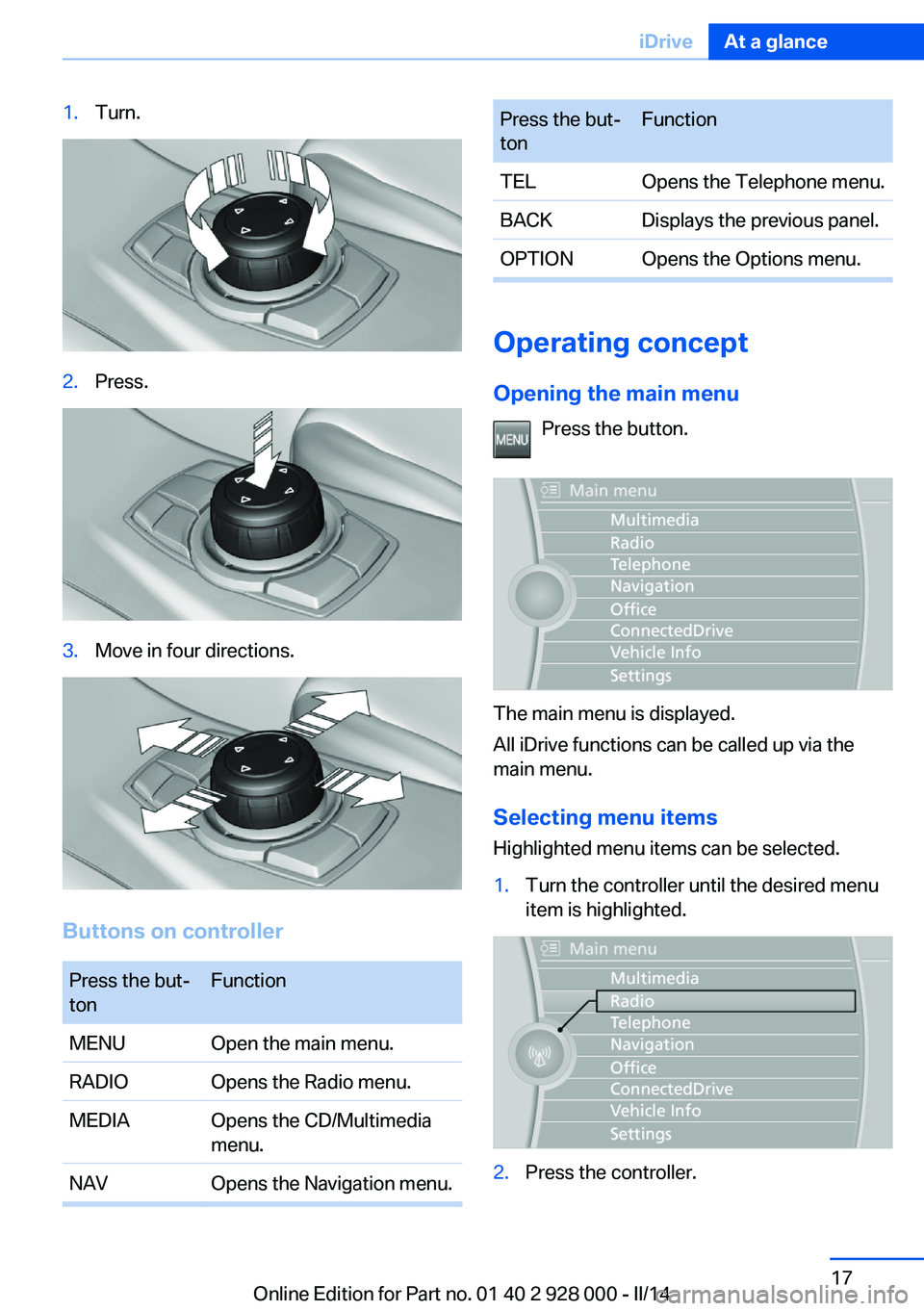 BMW 528I SEDAN 2014 User Guide 1.Turn.2.Press.3.Move in four directions.
Buttons on controller
Press the but‐
tonFunctionMENUOpen the main menu.RADIOOpens the Radio menu.MEDIAOpens the CD/Multimedia
menu.NAVOpens the Navigation m