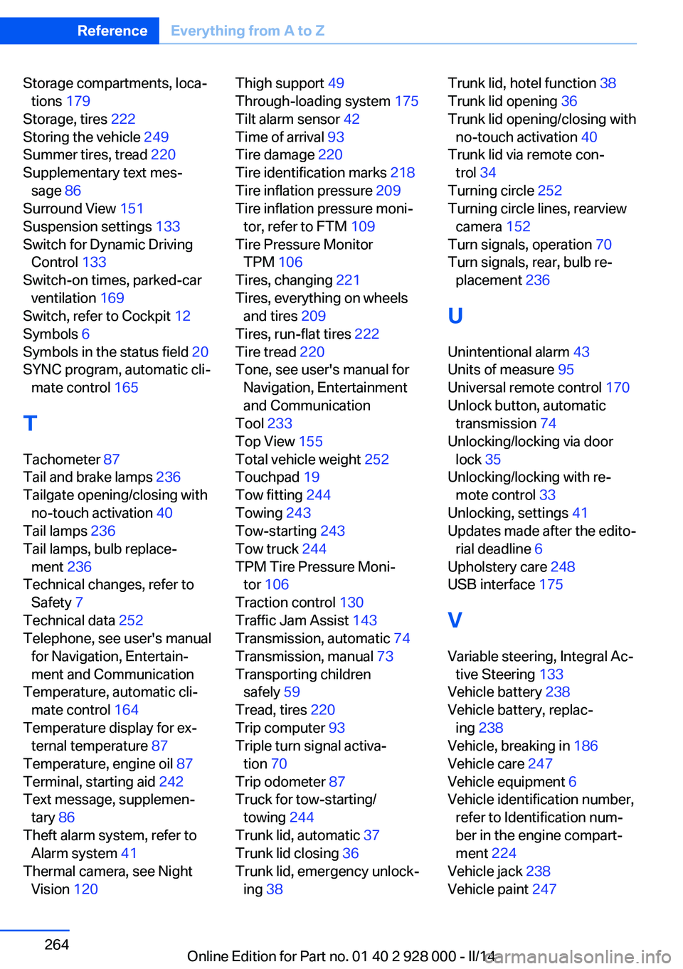 BMW 528I SEDAN 2014  Owners Manual Storage compartments, loca‐tions  179 
Storage, tires  222 
Storing the vehicle  249 
Summer tires, tread  220 
Supplementary text mes‐ sage  86 
Surround View  151 
Suspension settings  133 
Swit