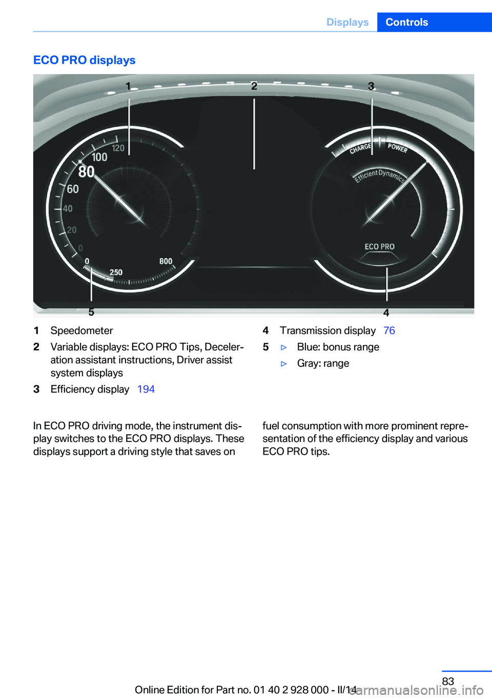 BMW 528I SEDAN 2014  Owners Manual ECO PRO displays1Speedometer2Variable displays: ECO PRO Tips, Deceler‐
ation assistant instructions, Driver assist
system displays3Efficiency display   1944Transmission display   765▷Blue: