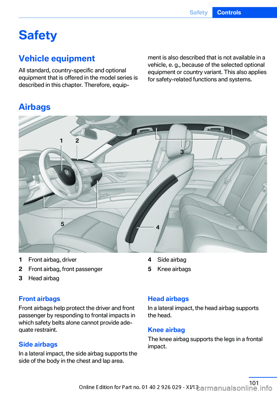 BMW 528I SEDAN 2013 User Guide SafetyVehicle equipment
All standard, country-specific and optional
equipment that is offered in the model series is
described in this chapter. Therefore, equip‐ment is also described that is not av