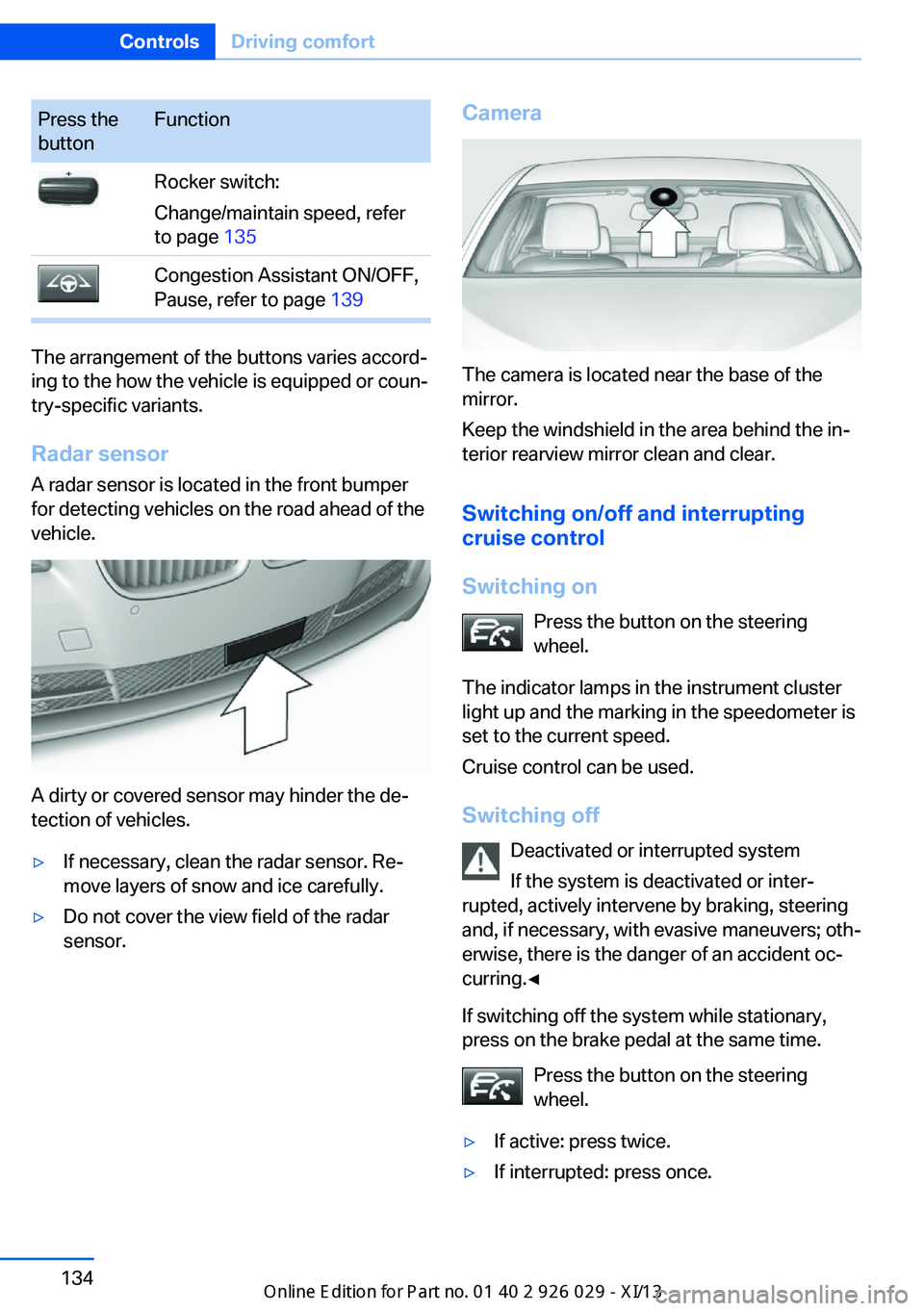 BMW 528I SEDAN 2013  Owners Manual Press the
buttonFunctionRocker switch:
Change/maintain speed, refer
to page  135Congestion Assistant ON/OFF,
Pause, refer to page  139
The arrangement of the buttons varies accord‐
ing to the how th