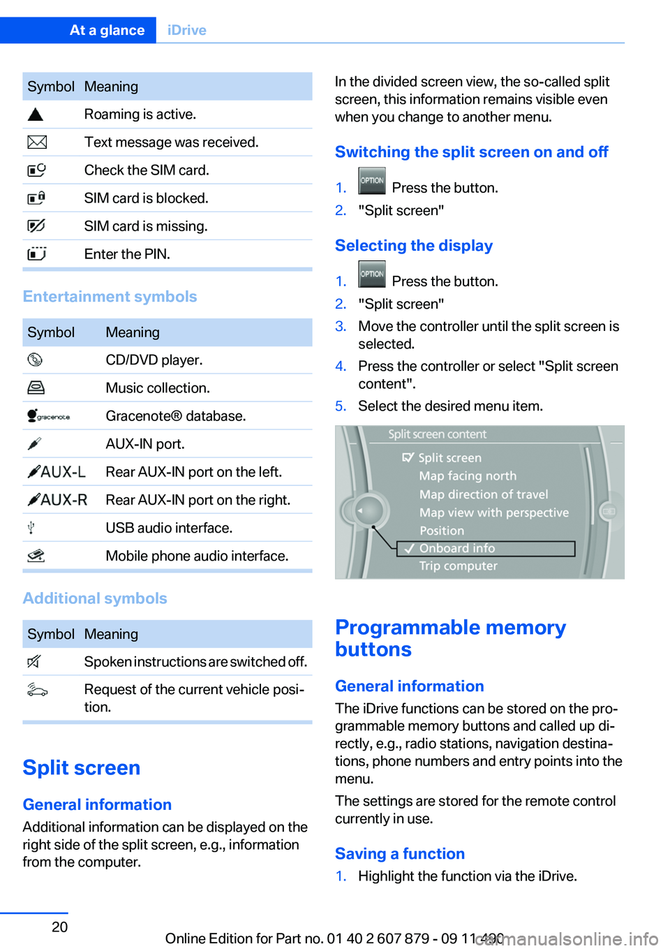 BMW 528I SEDAN 2012 User Guide SymbolMeaning Roaming is active. Text message was received. Check the SIM card. SIM card is blocked. SIM card is missing. Enter the PIN.
Entertainment symbols
SymbolMeaning CD/DVD player. Music collec