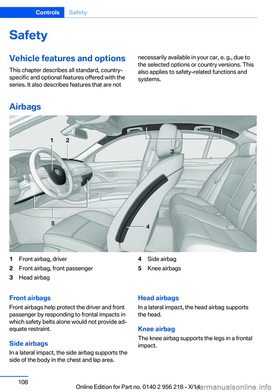 BMW 528I XDRIVE SEDAN 2014 Owners Manual SafetyVehicle features and options
This chapter describes all standard, country-
specific and optional features offered with the
series. It also describes features that are notnecessarily available in BMW 528I XDRIVE SEDAN 2014 Owners Manual SafetyVehicle features and options
This chapter describes all standard, country-
specific and optional features offered with the
series. It also describes features that are notnecessarily available in