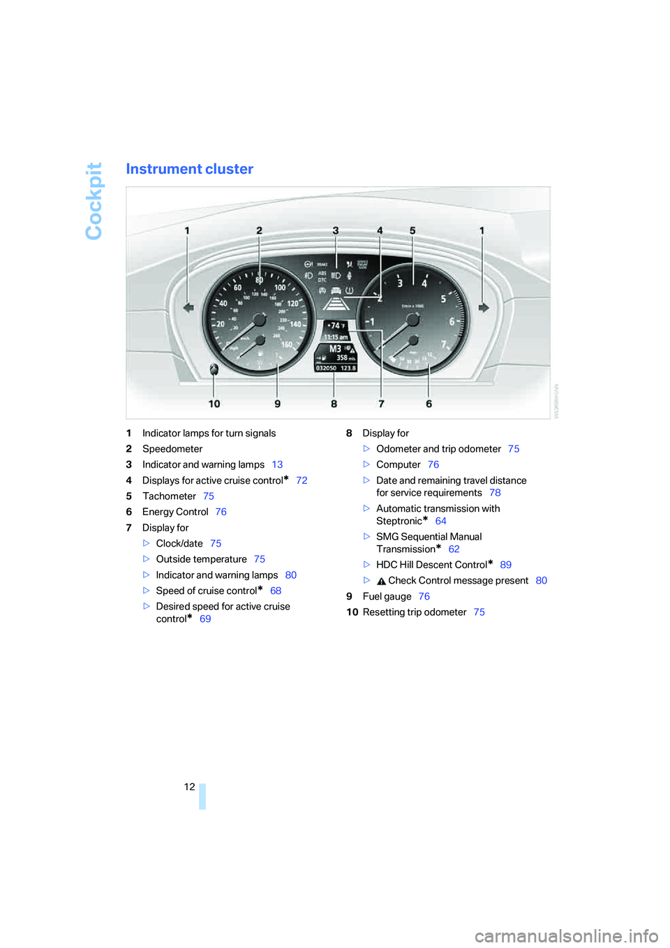 BMW 530I 2007 Owners Manual Cockpit
12
Instrument cluster
1Indicator lamps for turn signals
2Speedometer
3Indicator and warning lamps13
4Displays for active cruise control
*72
5Tachometer75
6Energy Control76
7Display for
>Clock/ BMW 530I 2007 Owners Manual Cockpit
12
Instrument cluster
1Indicator lamps for turn signals
2Speedometer
3Indicator and warning lamps13
4Displays for active cruise control
*72
5Tachometer75
6Energy Control76
7Display for
>Clock/