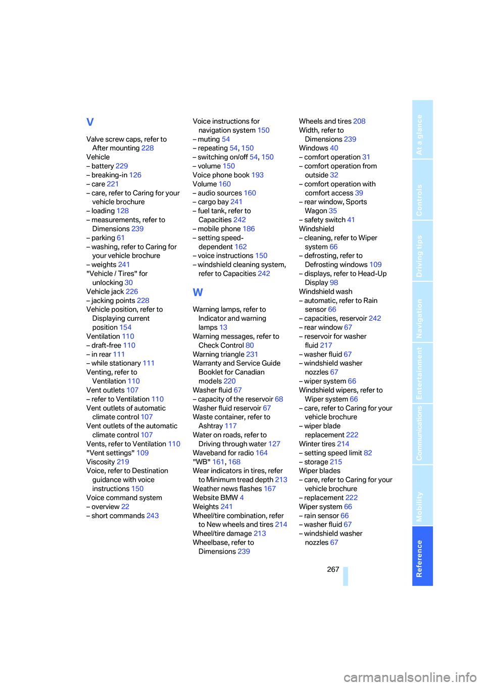 BMW 530I 2007  Owners Manual Reference 267
At a glance
Controls
Driving tips
Communications
Navigation
Entertainment
Mobility
V
Valve screw caps, refer to 
After mounting228
Vehicle
– battery229
– breaking-in126
– care221
�