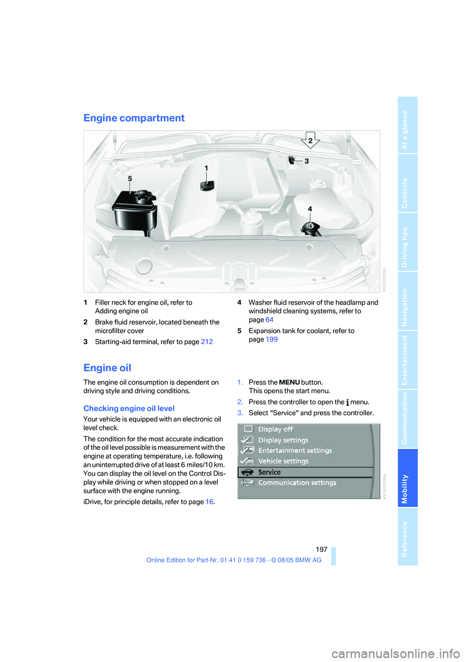 BMW 530I 2006  Owners Manual Mobility
 197Reference
At a glance
Controls
Driving tips
Communications
Navigation
Entertainment
Engine compartment
1Filler neck for engine oil, refer to 
Adding engine oil
2Brake fluid reservoir, loc