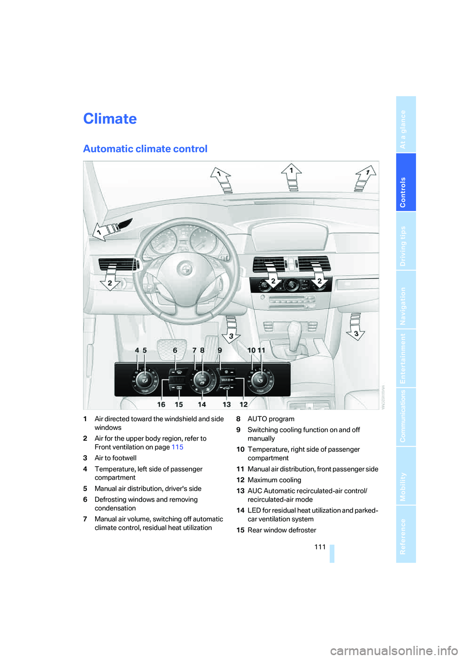 BMW 530I SEDAN 2007 Owners Manual Controls
111Reference
At a glance
Driving tips
Communications
Navigation
Entertainment
Mobility
Climate
Automatic climate control
1Air directed toward the windshield and side
windows
2Air for the up BMW 530I SEDAN 2007 Owners Manual Controls
111Reference
At a glance
Driving tips
Communications
Navigation
Entertainment
Mobility
Climate
Automatic climate control
1Air directed toward the windshield and side
windows
2Air for the up