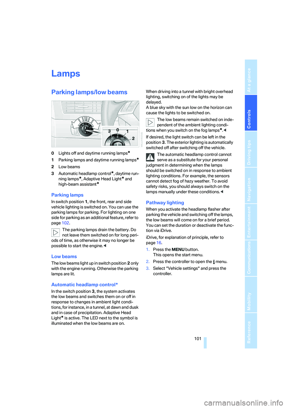 BMW 530XI SEDAN 2006  Owners Manual Controls
 101Reference
At a glance
Driving tips
Communications
Navigation
Entertainment
Mobility
Lamps
Parking lamps/low beams
0Lights off and daytime running lamps*
1Parking lamps and daytime running