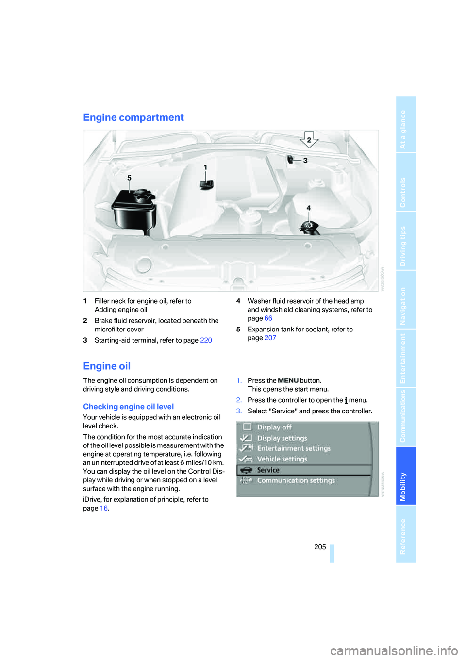 BMW 530XI SEDAN 2006  Owners Manual Mobility
 205Reference
At a glance
Controls
Driving tips
Communications
Navigation
Entertainment
Engine compartment
1Filler neck for engine oil, refer to 
Adding engine oil
2Brake fluid reservoir, loc
