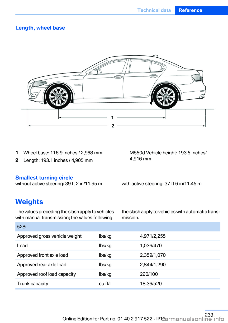 BMW 535I XDRIVE 2013 Owners Manual Length, wheel base1Wheel base: 116.9 inches / 2,968 mm2Length: 193.1 inches / 4,905 mmM550d Vehicle height: 193.5 inches/
4,916 mm
Smallest turning circle
without active steering: 39 ft 2 in/11.95 mwi BMW 535I XDRIVE 2013 Owners Manual Length, wheel base1Wheel base: 116.9 inches / 2,968 mm2Length: 193.1 inches / 4,905 mmM550d Vehicle height: 193.5 inches/
4,916 mm
Smallest turning circle
without active steering: 39 ft 2 in/11.95 mwi