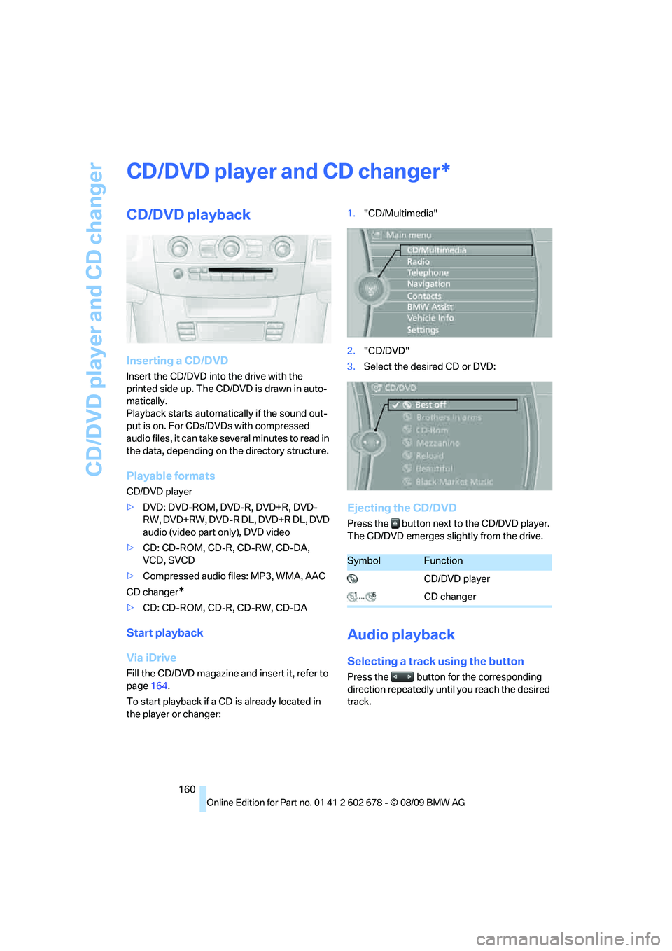 BMW 535I XDRIVE 2010 Owners Manual CD/DVD player and CD changer
160
CD/DVD player and CD changer
CD/DVD playback
Inserting a CD/DVD
Insert the CD/DVD into the drive with the
printed side up. The CD/DVD is drawn in auto-
matically.
Pla BMW 535I XDRIVE 2010 Owners Manual CD/DVD player and CD changer
160
CD/DVD player and CD changer
CD/DVD playback
Inserting a CD/DVD
Insert the CD/DVD into the drive with the
printed side up. The CD/DVD is drawn in auto-
matically.
Pla