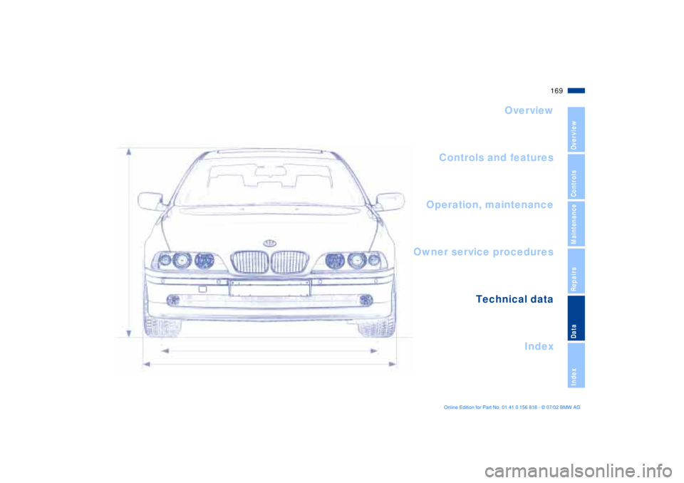 BMW 540I SEDAN 2003 Owners Manual 169n
OverviewControlsMaintenanceRepairsDataIndex
Overview
Controls and features
Operation, maintenance
Owner service procedures
Index Technical data
Index BMW 540I SEDAN 2003 Owners Manual 169n
OverviewControlsMaintenanceRepairsDataIndex
Overview
Controls and features
Operation, maintenance
Owner service procedures
Index Technical data
Index