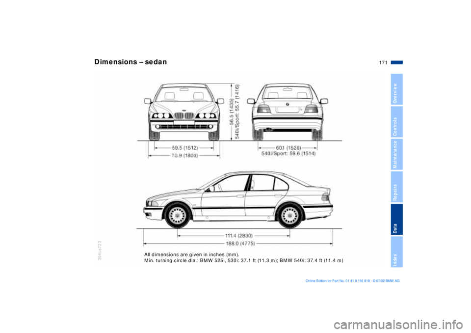 BMW 540I SEDAN 2003 Owners Manual 171n
OverviewControlsMaintenanceRepairsDataIndex
394us723
Dimensions Ð sedan
All dimensions are given in inches (mm).
Min. turning circle dia.: BMW 525i, 530i: 37.1 ft (11.3 m); BMW 540i: 37.4 ft (11 BMW 540I SEDAN 2003 Owners Manual 171n
OverviewControlsMaintenanceRepairsDataIndex
394us723
Dimensions Ð sedan
All dimensions are given in inches (mm).
Min. turning circle dia.: BMW 525i, 530i: 37.1 ft (11.3 m); BMW 540i: 37.4 ft (11