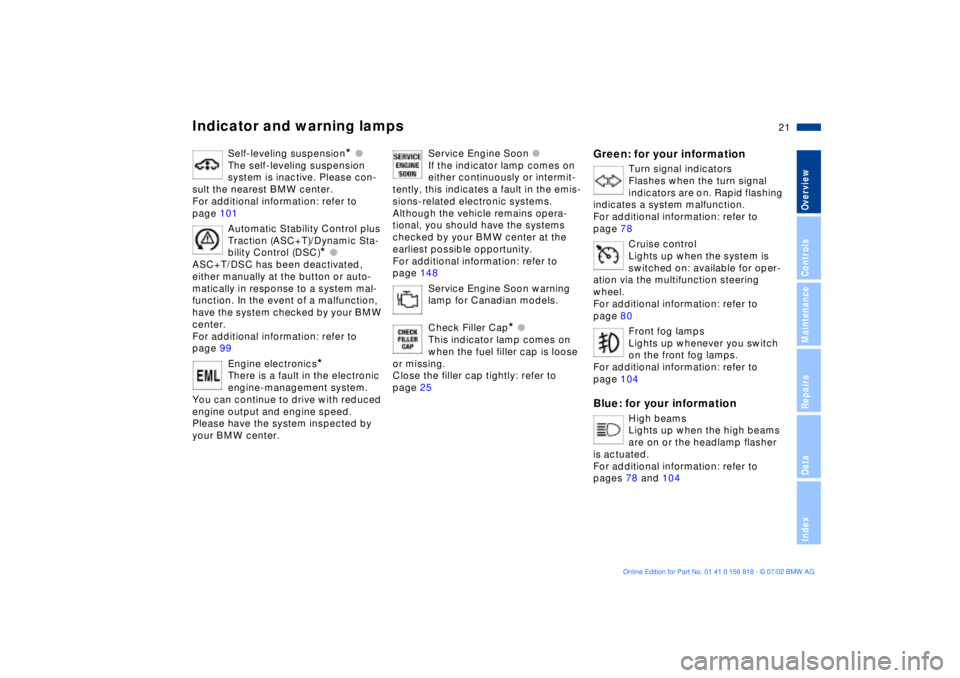 BMW 540I SEDAN 2003  Owners Manual 21n
OverviewControlsMaintenanceRepairsDataIndex
Indicator and warning lamps
Self-leveling suspension
* l
The self-leveling suspension 
system is inactive. Please con-
sult the nearest BMW center. 
For