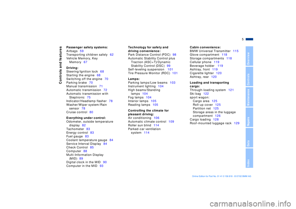 BMW 540I SEDAN 2003  Owners Manual  
5n
 
OverviewControlsMaintenanceRepairsDataIndex
 
Controls and features
 
Passenger safety systems:
 
Airbags59
Transporting children safely62
Vehicle Memory, Key 
Memory67
 
Driving:
 
Steering/Ig