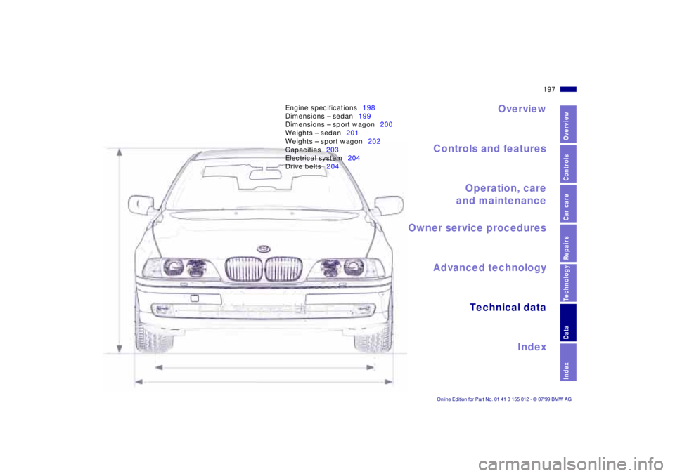 BMW 540I SEDAN 2000 Owners Manual Overview
Controls and features
Operation, care
and maintenance
Owner service procedures
Technical data
Index Advanced technology
197n
RepairsIndexOverview Controls Car care Technology Data
Engine spec BMW 540I SEDAN 2000 Owners Manual Overview
Controls and features
Operation, care
and maintenance
Owner service procedures
Technical data
Index Advanced technology
197n
RepairsIndexOverview Controls Car care Technology Data
Engine spec