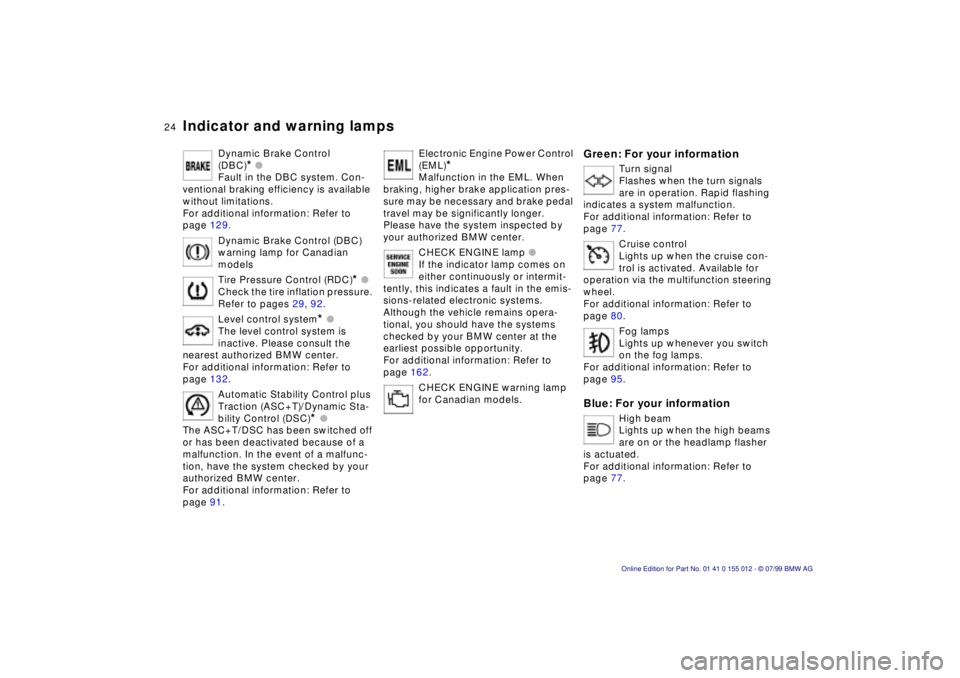 BMW 540I SEDAN 2000  Owners Manual 24n
Indicator and warning lamps
Dynamic Brake Control 
(DBC)
* l 
Fault in the DBC system. Con-
ventional braking efficiency is available 
without limitations. 
For additional information: Refer to 
p