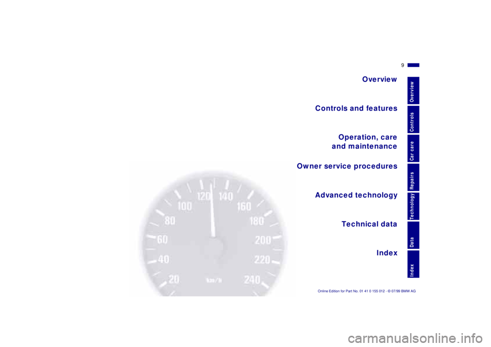 BMW 540I SEDAN 2000  Owners Manual  
Overview
Controls and features
Operation, care
and maintenance
Owner service procedures
Technical data
Index Advanced technology
 
9n
 
RepairsIndexOverview Controls Car care Technology Data 