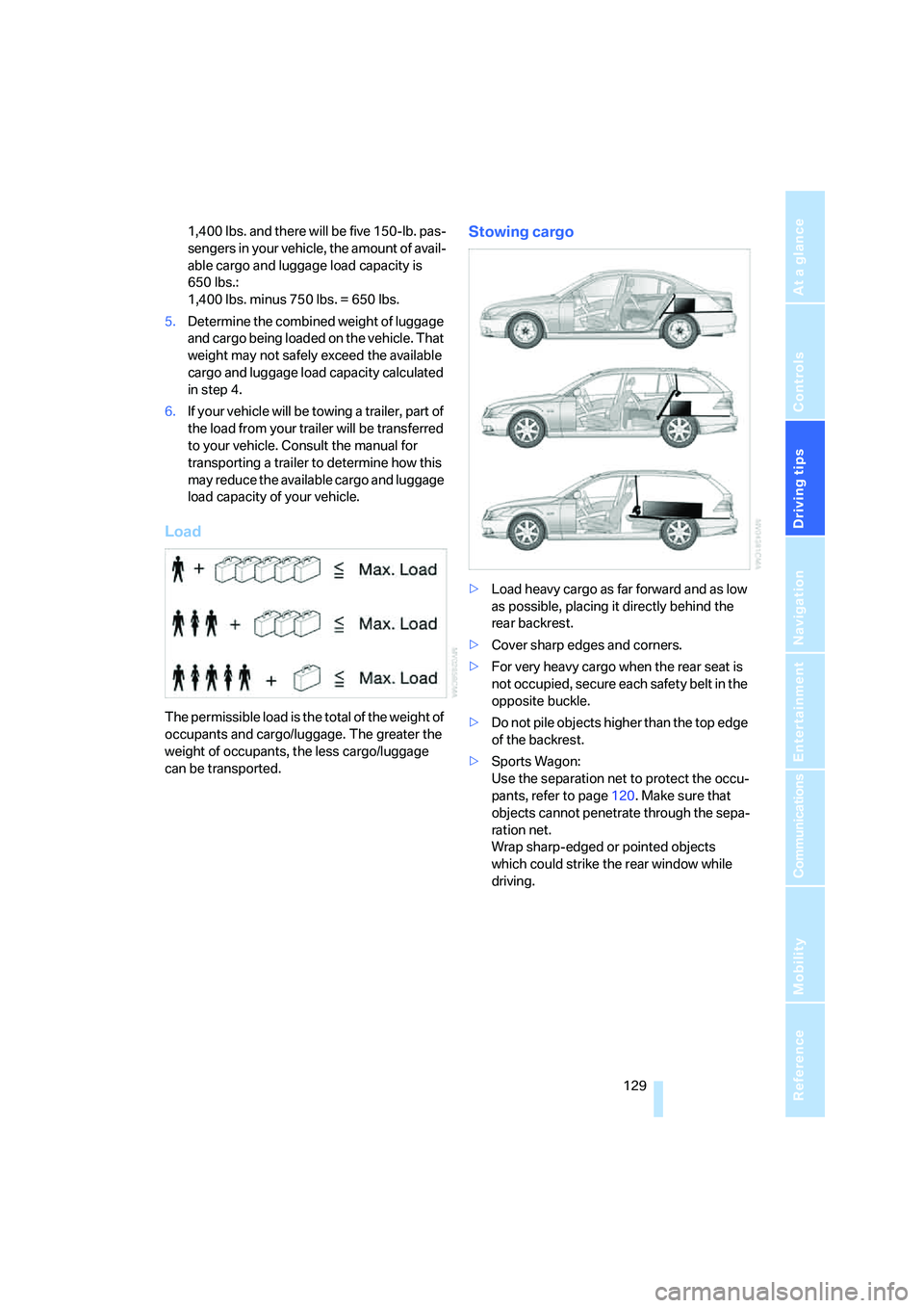 BMW 550I 2007 Owners Manual Driving tips
129Reference
At a glance
Controls
Communications
Navigation
Entertainment
Mobility
1,400 lbs. and there will be five 150-lb. pas-
sengers in your vehicle, the amount of avail-
able cargo BMW 550I 2007 Owners Manual Driving tips
129Reference
At a glance
Controls
Communications
Navigation
Entertainment
Mobility
1,400 lbs. and there will be five 150-lb. pas-
sengers in your vehicle, the amount of avail-
able cargo