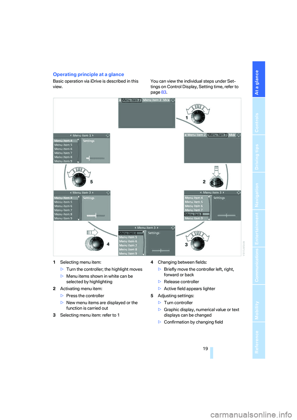 BMW 550I 2007 Owners Manual At a glance
19Reference
Controls
Driving tips
Communications
Navigation
Entertainment
Mobility
Operating principle at a glance
Basic operation via iDrive is described in this
view.You can view the i BMW 550I 2007 Owners Manual At a glance
19Reference
Controls
Driving tips
Communications
Navigation
Entertainment
Mobility
Operating principle at a glance
Basic operation via iDrive is described in this
view.You can view the i