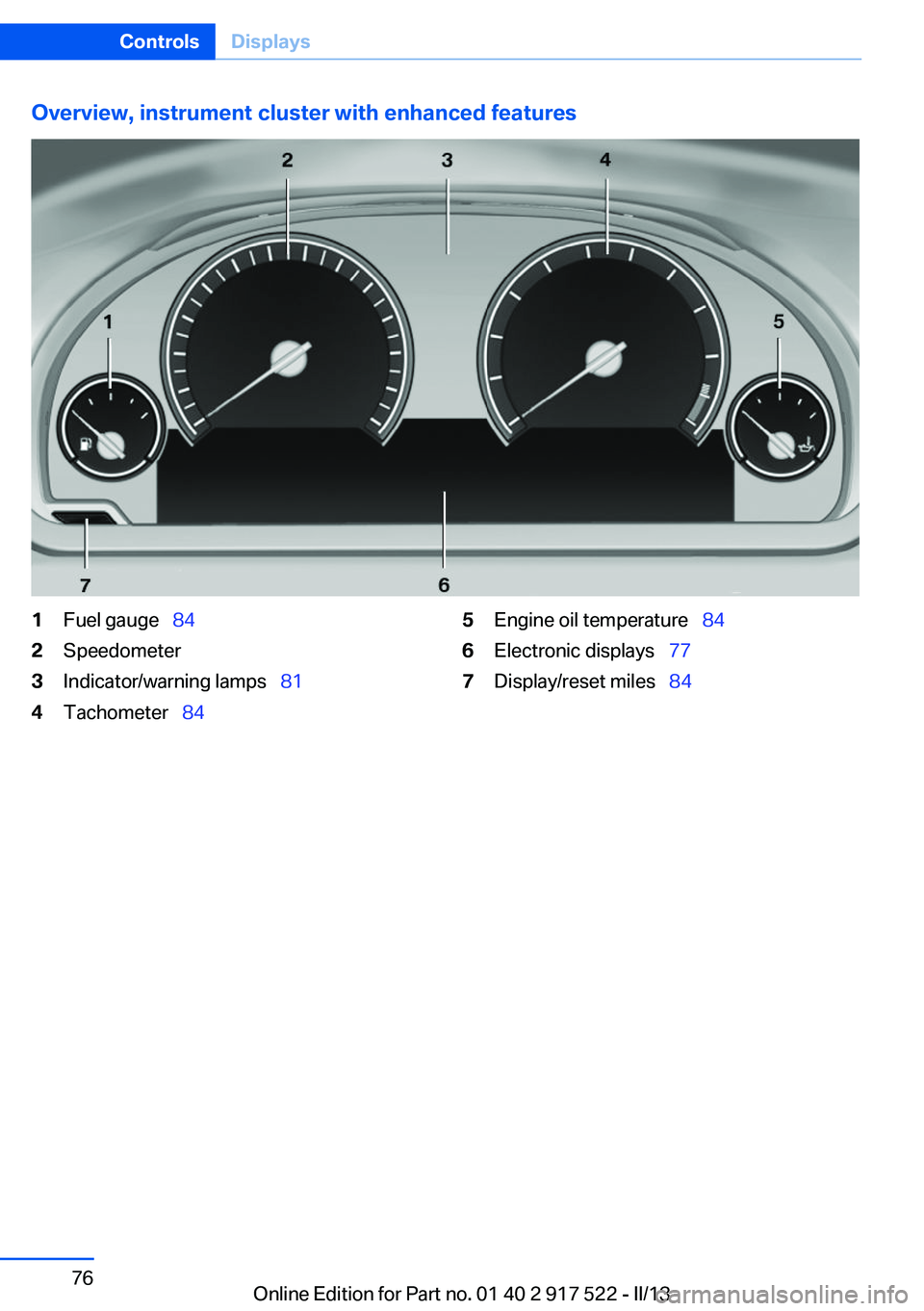 BMW 550I XDRIVE 2013 Manual PDF Overview, instrument cluster with enhanced features1Fuel gauge 842Speedometer3Indicator/warning lamps 814Tachometer 845Engine oil temperature 846Electronic displays 777Displ BMW 550I XDRIVE 2013 Manual PDF Overview, instrument cluster with enhanced features1Fuel gauge 842Speedometer3Indicator/warning lamps 814Tachometer 845Engine oil temperature 846Electronic displays 777Displ