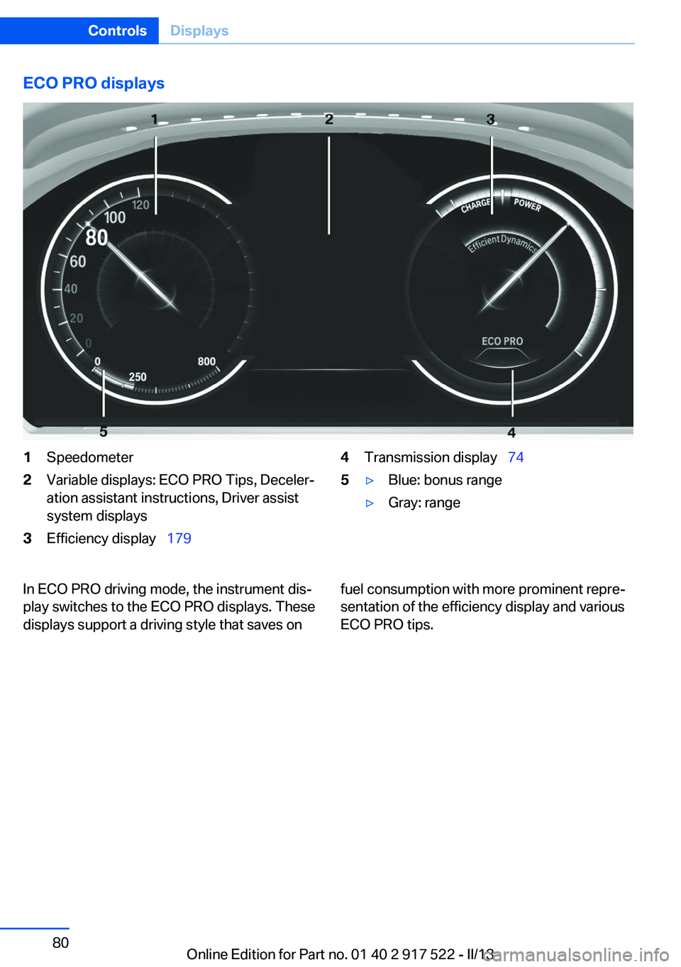 BMW 550I XDRIVE 2013 Manual PDF ECO PRO displays1Speedometer2Variable displays: ECO PRO Tips, Deceler‐
ation assistant instructions, Driver assist
system displays3Efficiency display 1794Transmission display 745▷Blue: BMW 550I XDRIVE 2013 Manual PDF ECO PRO displays1Speedometer2Variable displays: ECO PRO Tips, Deceler‐
ation assistant instructions, Driver assist
system displays3Efficiency display 1794Transmission display 745▷Blue: