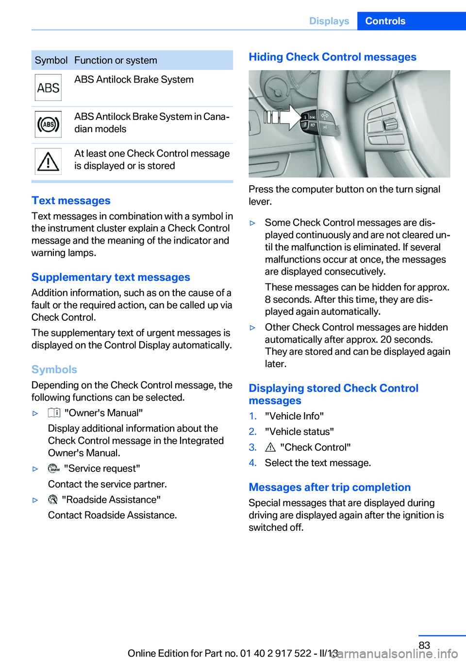 BMW 550I XDRIVE 2013 Manual Online SymbolFunction or systemABS Antilock Brake SystemABS Antilock Brake System in Cana‐
dian modelsAt least one Check Control message
is displayed or is stored
Text messages
Text messages in combination BMW 550I XDRIVE 2013 Manual Online SymbolFunction or systemABS Antilock Brake SystemABS Antilock Brake System in Cana‐
dian modelsAt least one Check Control message
is displayed or is stored
Text messages
Text messages in combination