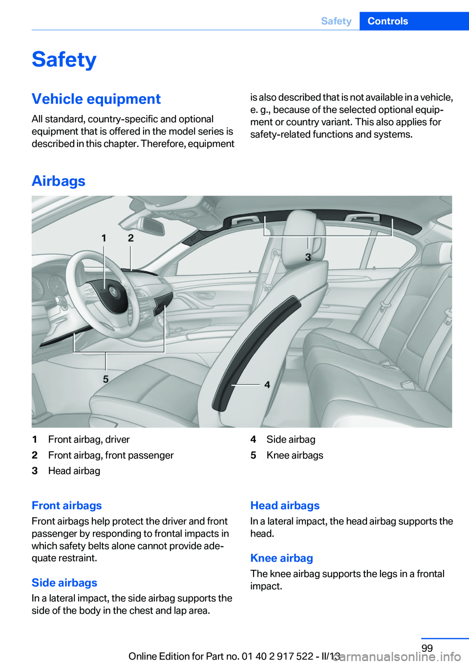 BMW 550I XDRIVE 2013 Owners Manual SafetyVehicle equipment
All standard, country-specific and optional
equipment that is offered in the model series is
described in this chapter. Therefore, equipmentis also described that is not availa BMW 550I XDRIVE 2013 Owners Manual SafetyVehicle equipment
All standard, country-specific and optional
equipment that is offered in the model series is
described in this chapter. Therefore, equipmentis also described that is not availa