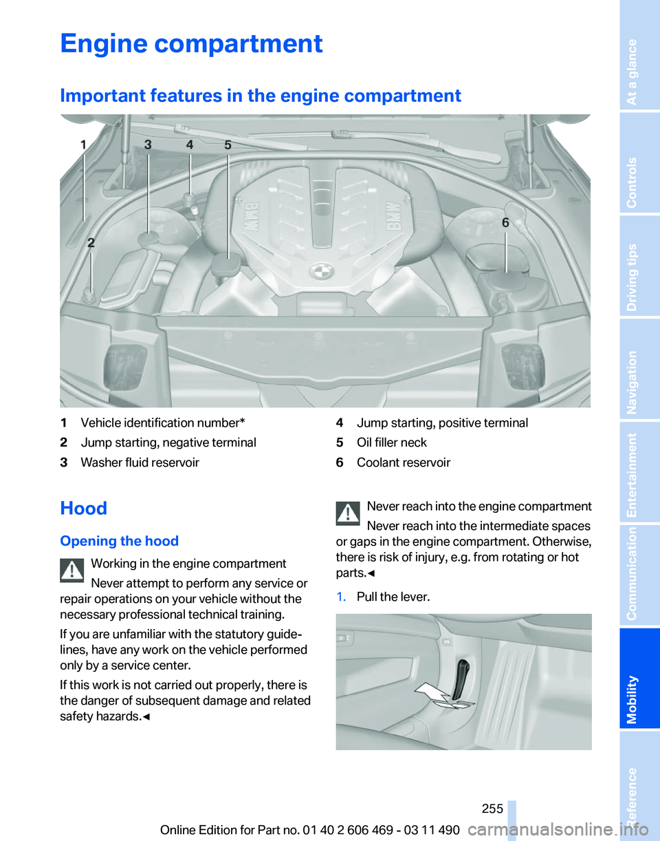 BMW 550I XDRIVE 2011 Owners Manual Engine compartment
Important features in the engine compartment
1
Vehicle identification number*
2 Jump starting, negative terminal
3 Washer fluid reservoir 4
Jump starting, positive terminal
5 Oil fi BMW 550I XDRIVE 2011 Owners Manual Engine compartment
Important features in the engine compartment
1
Vehicle identification number*
2 Jump starting, negative terminal
3 Washer fluid reservoir 4
Jump starting, positive terminal
5 Oil fi