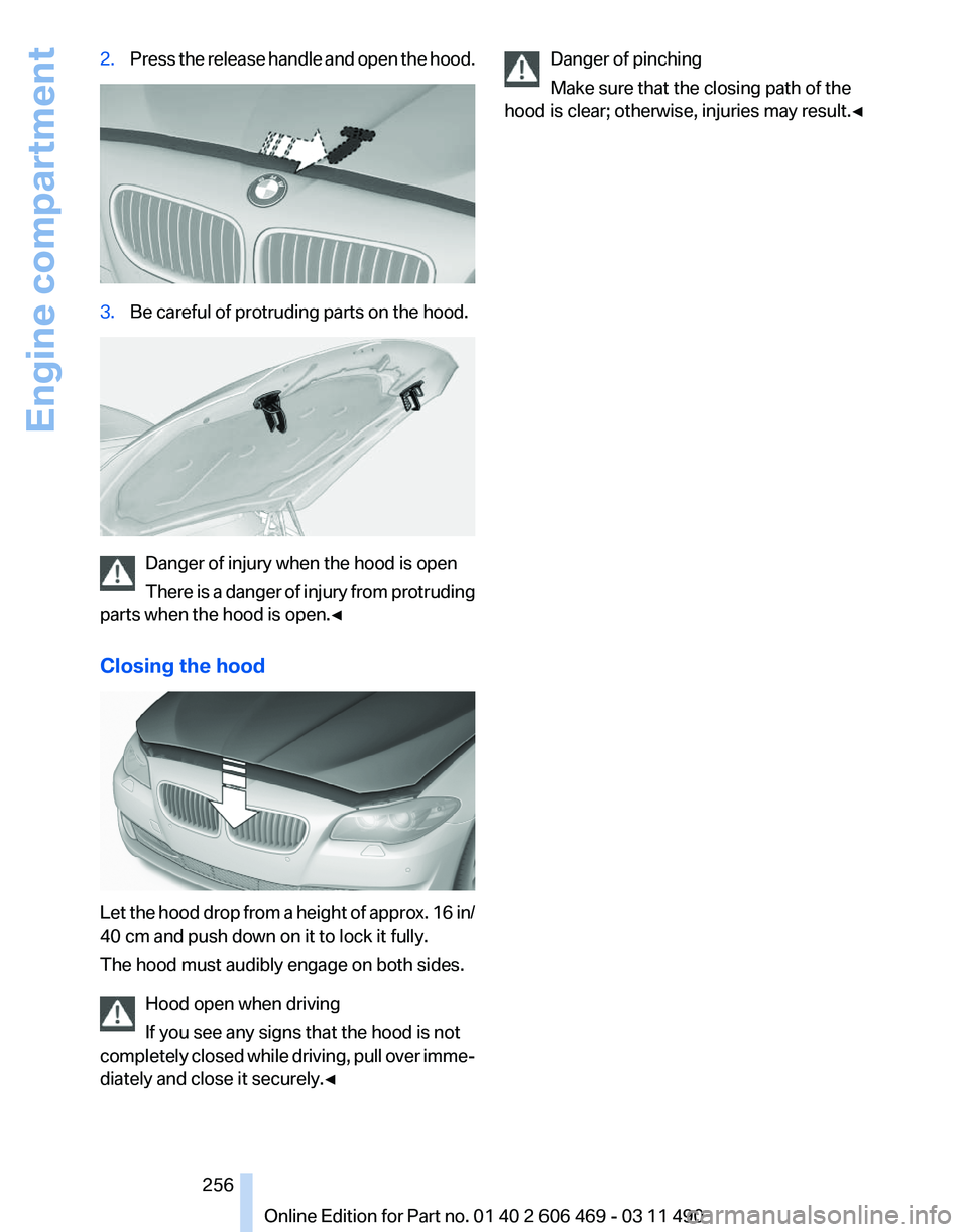 BMW 550I XDRIVE 2011 Owners Manual 2.
Press the release handle and open the hood. 3.
Be careful of protruding parts on the hood. Danger of injury when the hood is open
There
is a danger of injury from protruding
parts when the hood is BMW 550I XDRIVE 2011 Owners Manual 2.
Press the release handle and open the hood. 3.
Be careful of protruding parts on the hood. Danger of injury when the hood is open
There
is a danger of injury from protruding
parts when the hood is