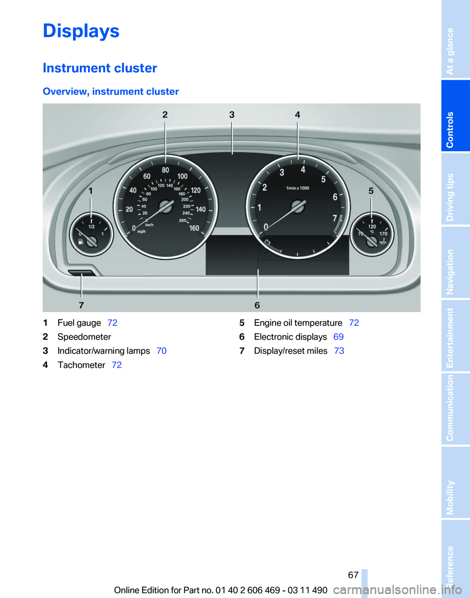 BMW 550I XDRIVE 2011 Repair Manual Displays
Instrument cluster
Overview, instrument cluster
1
Fuel gauge 72
2 Speedometer
3 Indicator/warning lamps 70
4 Tachometer 72 5
Engine oil temperature 72
6 Electronic displa BMW 550I XDRIVE 2011 Repair Manual Displays
Instrument cluster
Overview, instrument cluster
1
Fuel gauge 72
2 Speedometer
3 Indicator/warning lamps 70
4 Tachometer 72 5
Engine oil temperature 72
6 Electronic displa