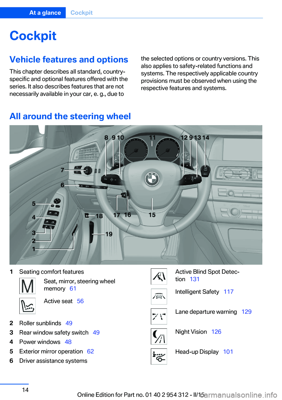BMW 550I XDRIVE SEDAN 2015 User Guide CockpitVehicle features and options
This chapter describes all standard, country-
specific and optional features offered with the
series. It also describes features that are not
necessarily available 