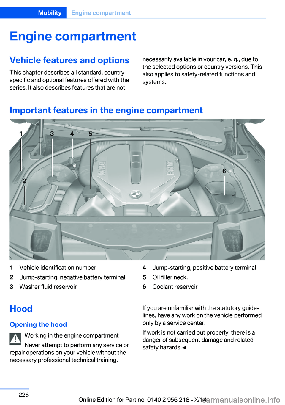 BMW 550I XDRIVE SEDAN 2014  Owners Manual Engine compartmentVehicle features and optionsThis chapter describes all standard, country-
specific and optional features offered with the
series. It also describes features that are notnecessarily a