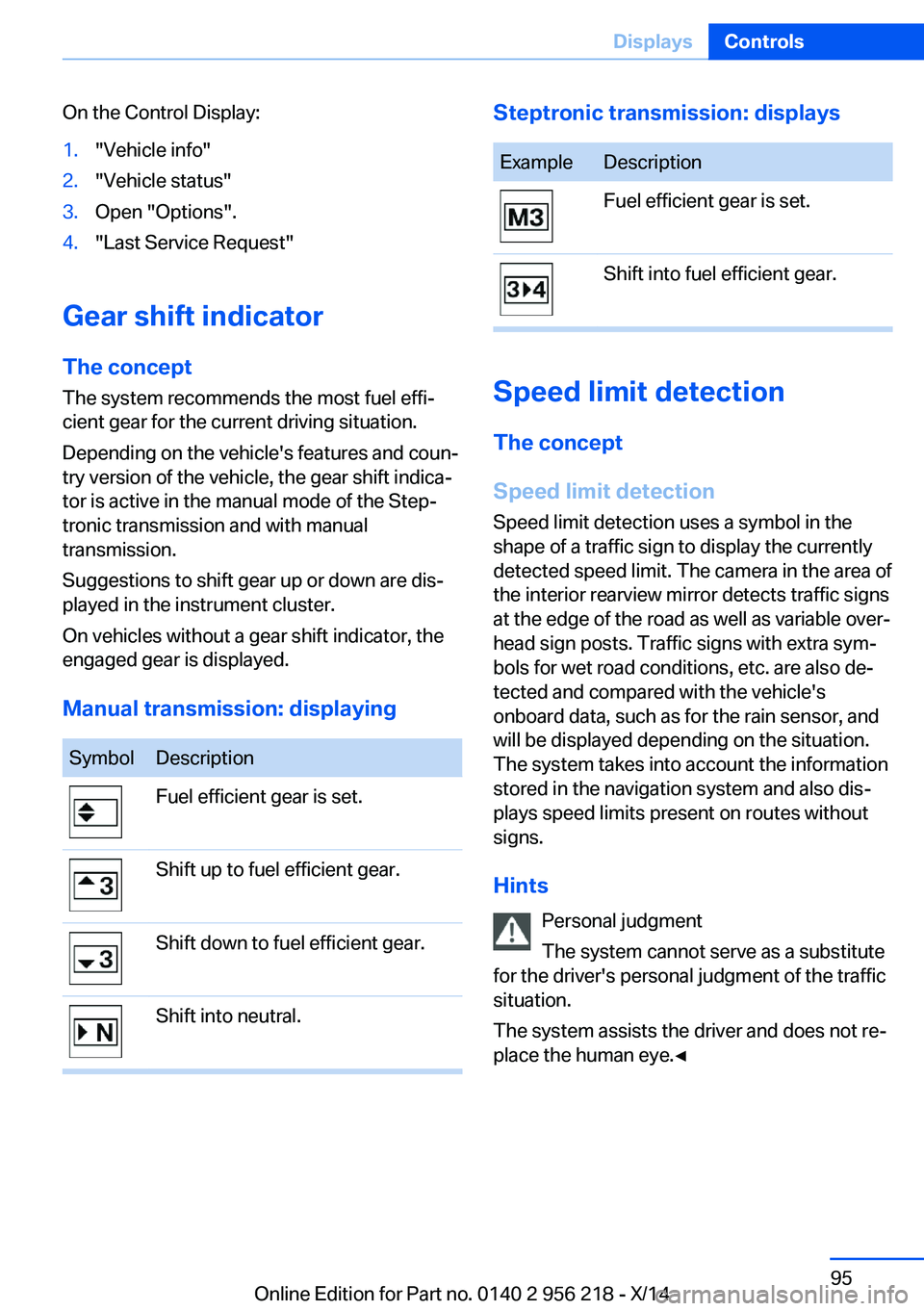 BMW 550I XDRIVE SEDAN 2014  Owners Manual On the Control Display:1."Vehicle info"2."Vehicle status"3.Open "Options".4."Last Service Request"
Gear shift indicatorThe conceptThe system recommends the most fuel ef