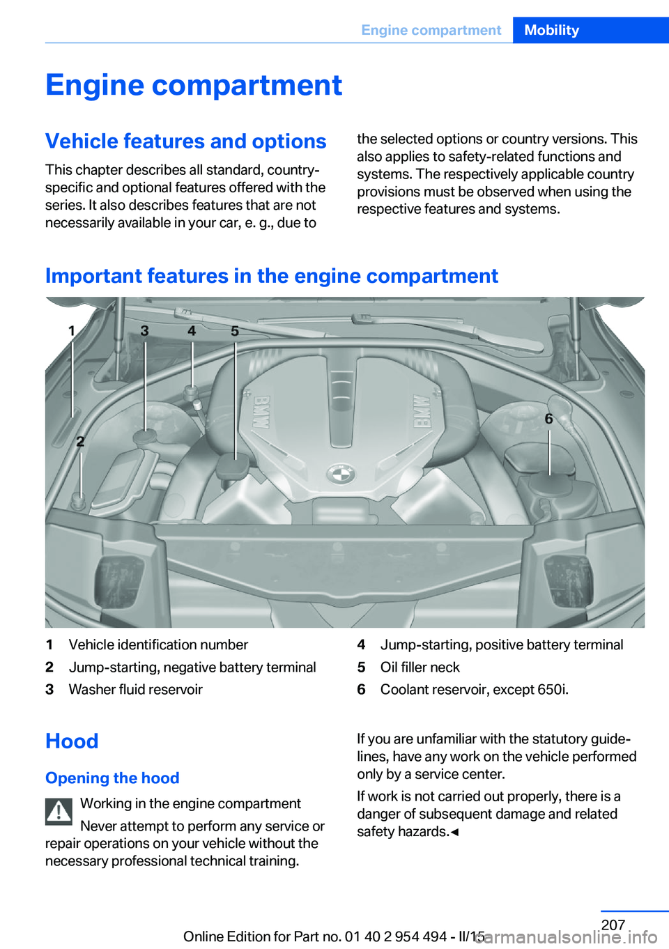 BMW 640I COUPE 2016  Owners Manual Engine compartmentVehicle features and optionsThis chapter describes all standard, country-
specific and optional features offered with the
series. It also describes features that are not
necessarily 