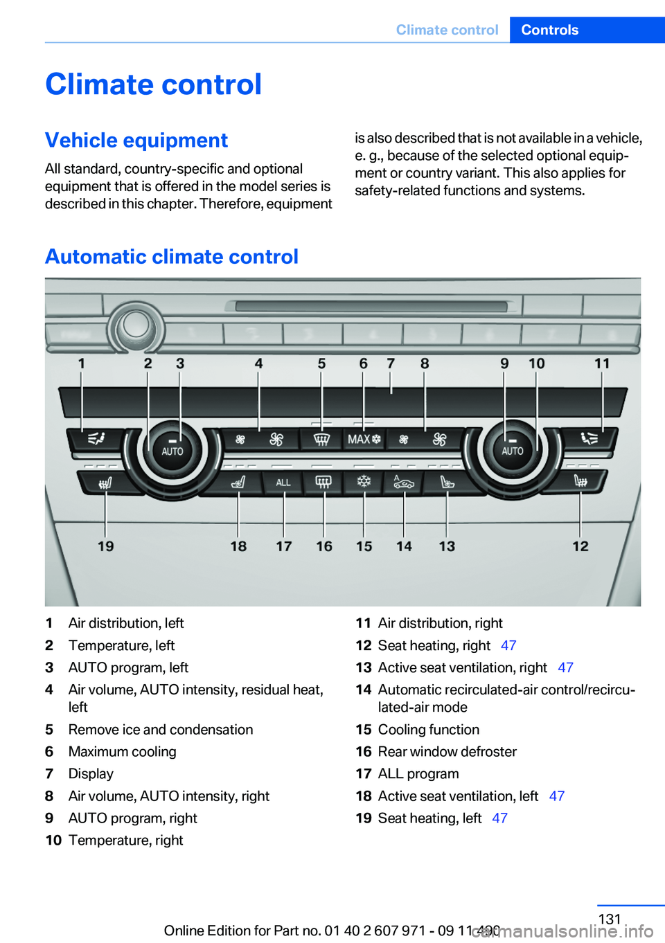 BMW 640I COUPE 2012  Owners Manual Climate controlVehicle equipment
All standard, country-specific and optional
equipment that is offered in the model series is
described in this chapter. Therefore, equipmentis also described that is n