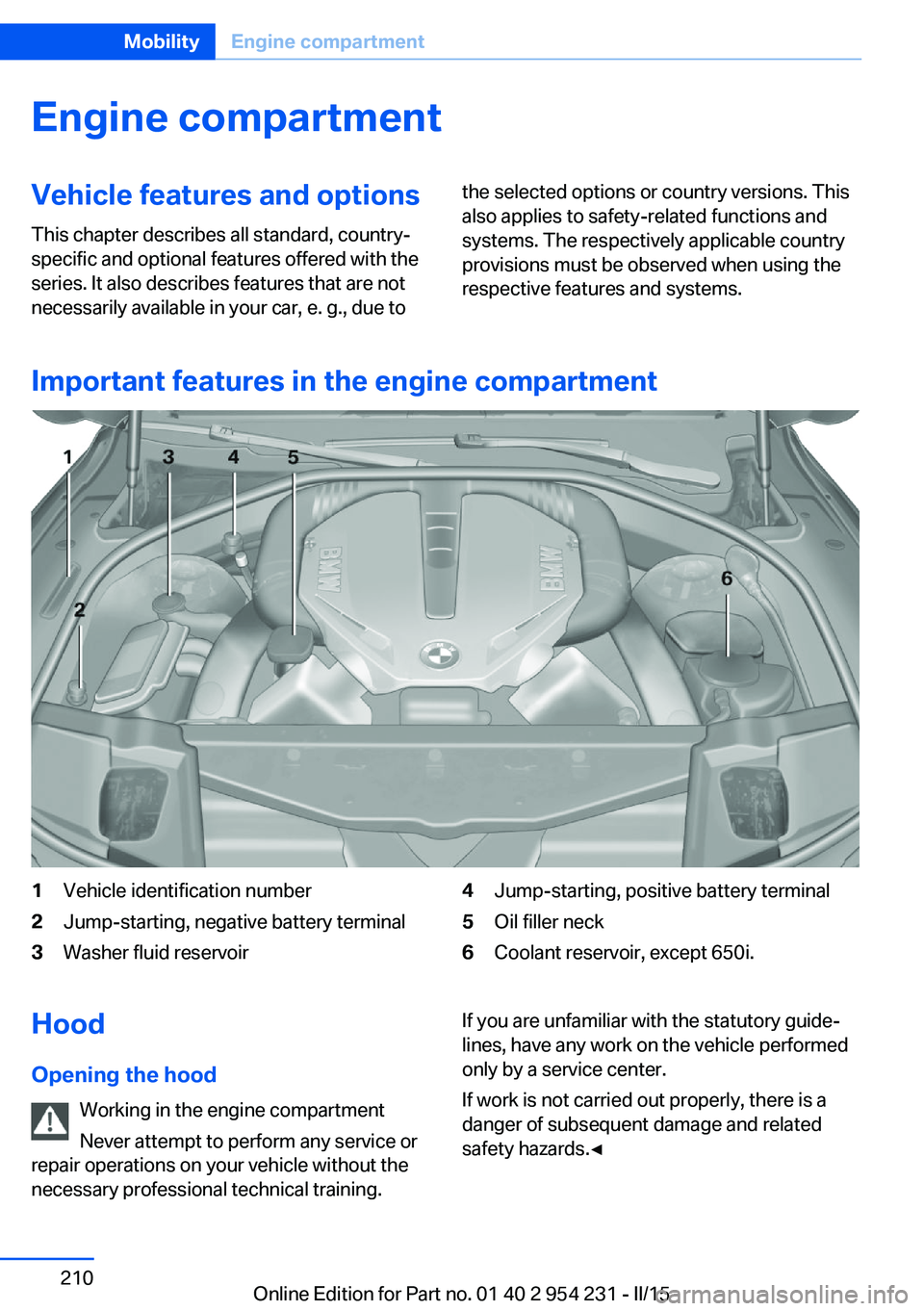 BMW 640I GRAN COUPE 2016  Owners Manual Engine compartmentVehicle features and optionsThis chapter describes all standard, country-
specific and optional features offered with the
series. It also describes features that are not
necessarily 