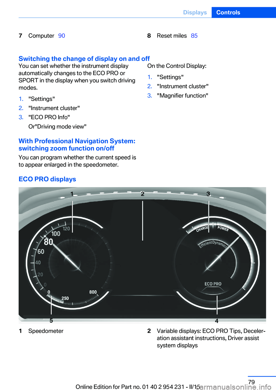 BMW 640I GRAN COUPE 2015  Owners Manual 7Computer  908Reset miles   85
Switching the change of display on and off
You can set whether the instrument display
automatically changes to the ECO PRO or
SPORT in the display when you switc