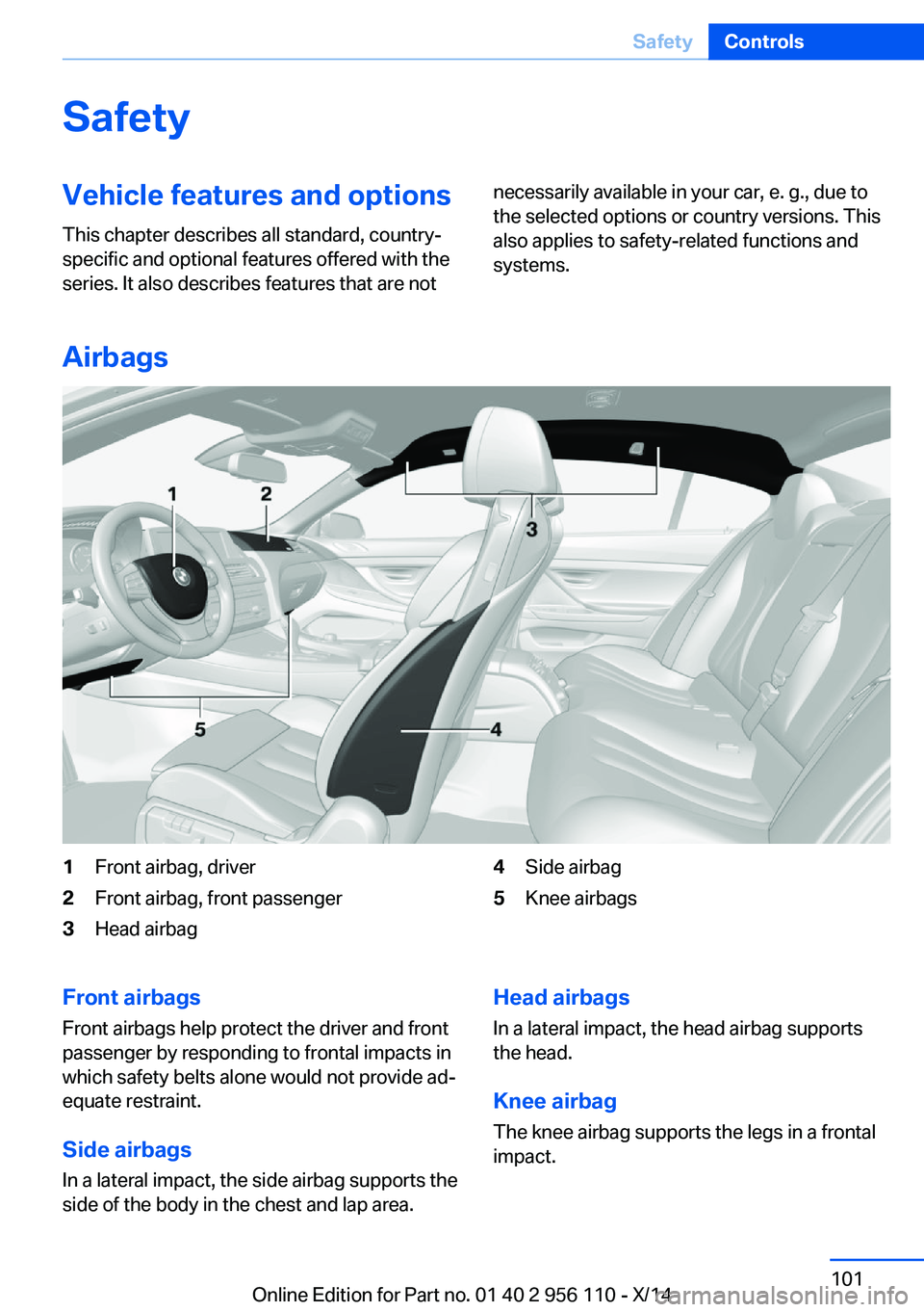 BMW 640I XDRIVE GRAN COUPE 2014 Owners Manual SafetyVehicle features and options
This chapter describes all standard, country-
specific and optional features offered with the
series. It also describes features that are notnecessarily available in BMW 640I XDRIVE GRAN COUPE 2014 Owners Manual SafetyVehicle features and options
This chapter describes all standard, country-
specific and optional features offered with the
series. It also describes features that are notnecessarily available in