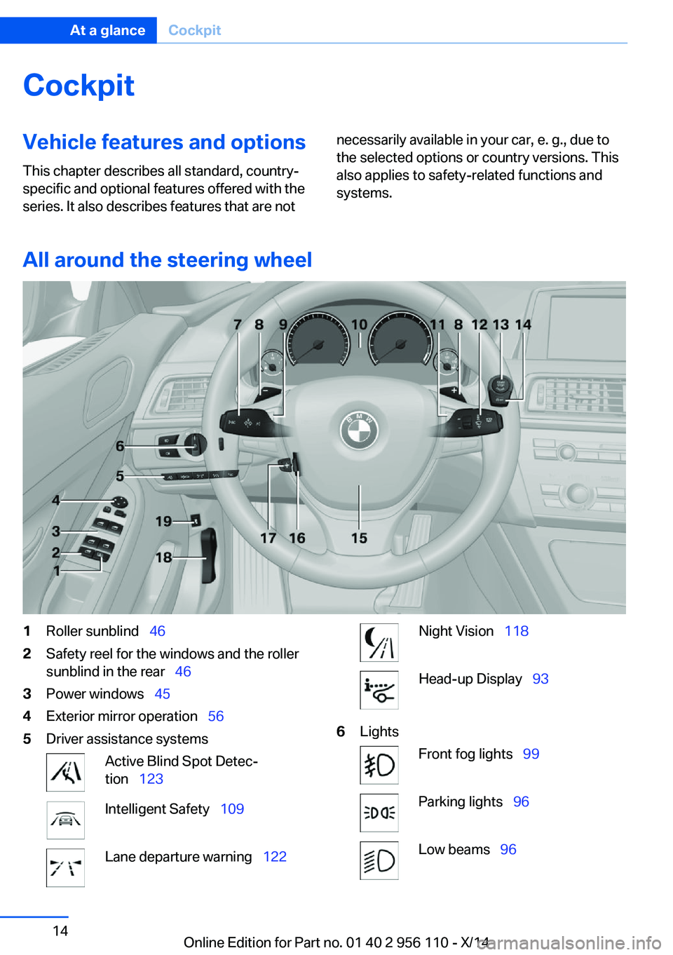 BMW 640I XDRIVE GRAN COUPE 2014 User Guide CockpitVehicle features and options
This chapter describes all standard, country-
specific and optional features offered with the
series. It also describes features that are notnecessarily available i BMW 640I XDRIVE GRAN COUPE 2014 User Guide CockpitVehicle features and options
This chapter describes all standard, country-
specific and optional features offered with the
series. It also describes features that are notnecessarily available i