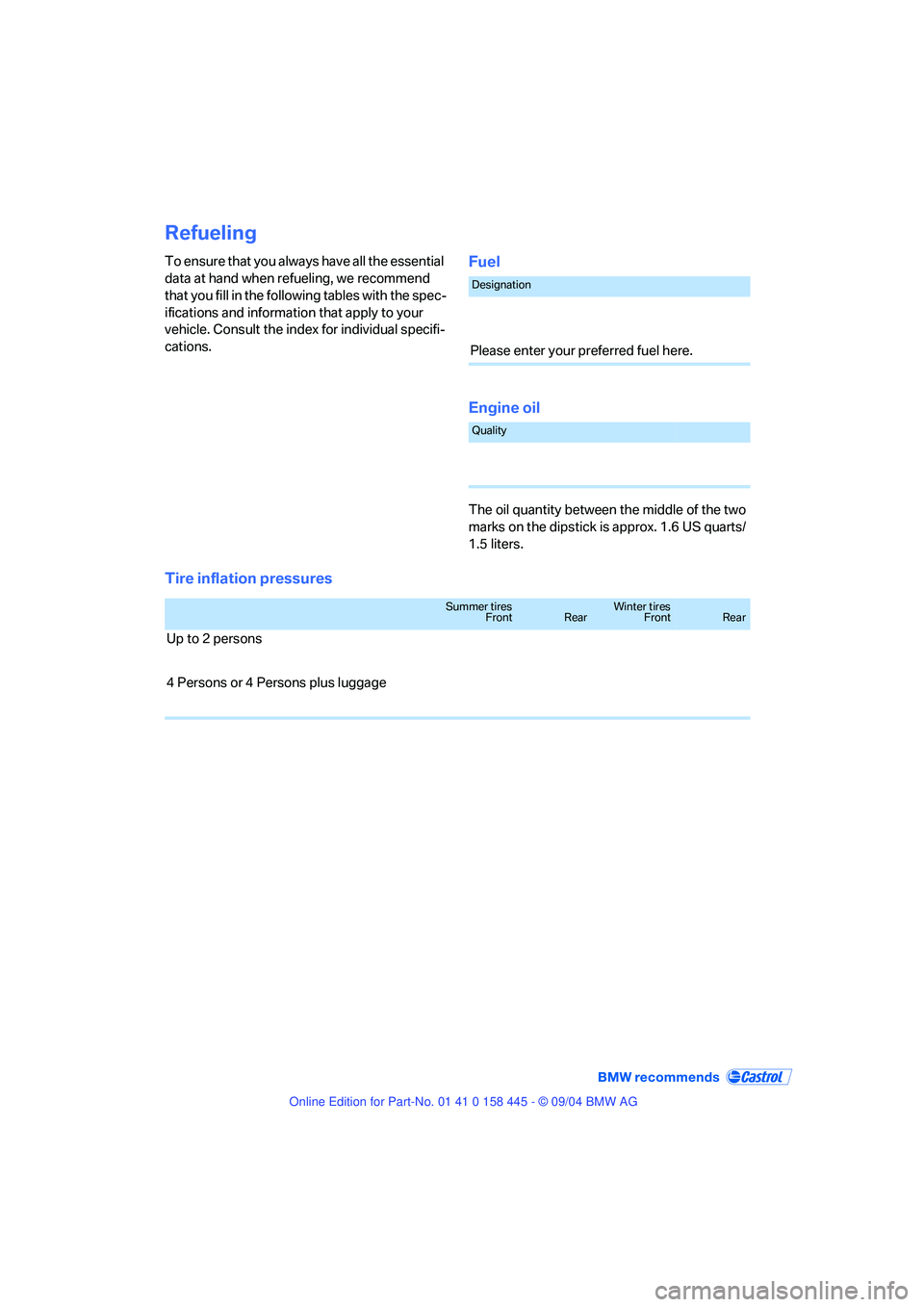 BMW 645CI COUPE&CONVERTIBLE 2005  Owners Manual Refueling
To ensure that you always have all the essential 
data at hand when refueling, we recommend 
that you fill in the following tables with the spec-
ifications and information that apply to you