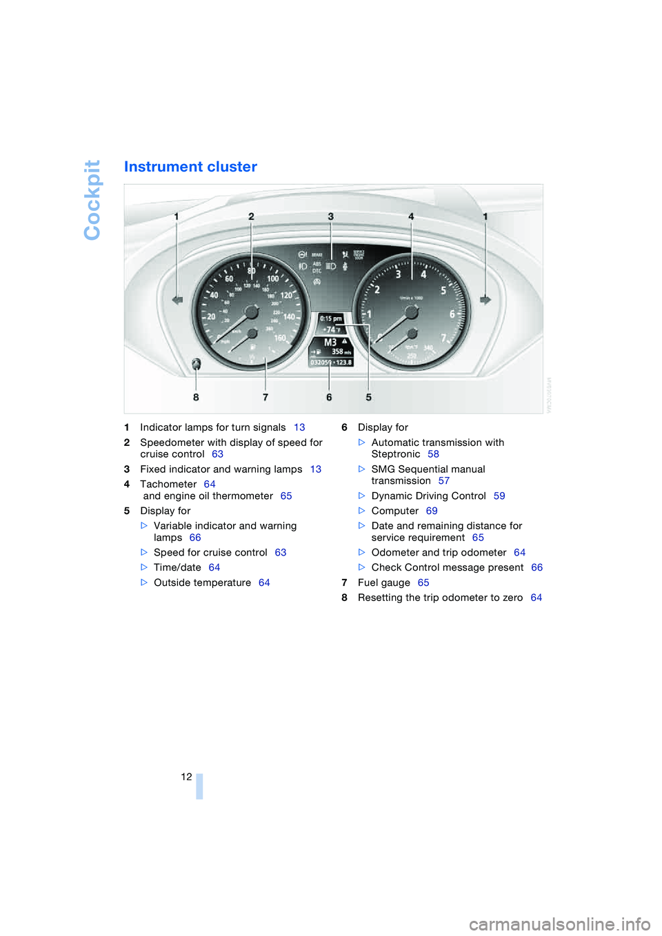 BMW 645CI COUPE&CONVERTIBLE 2004  Owners Manual Cockpit
12
Instrument cluster 
1Indicator lamps for turn signals13
2Speedometer with display of speed for 
cruise control63
3Fixed indicator and warning lamps13
4Tachometer64
 and engine oil thermomet