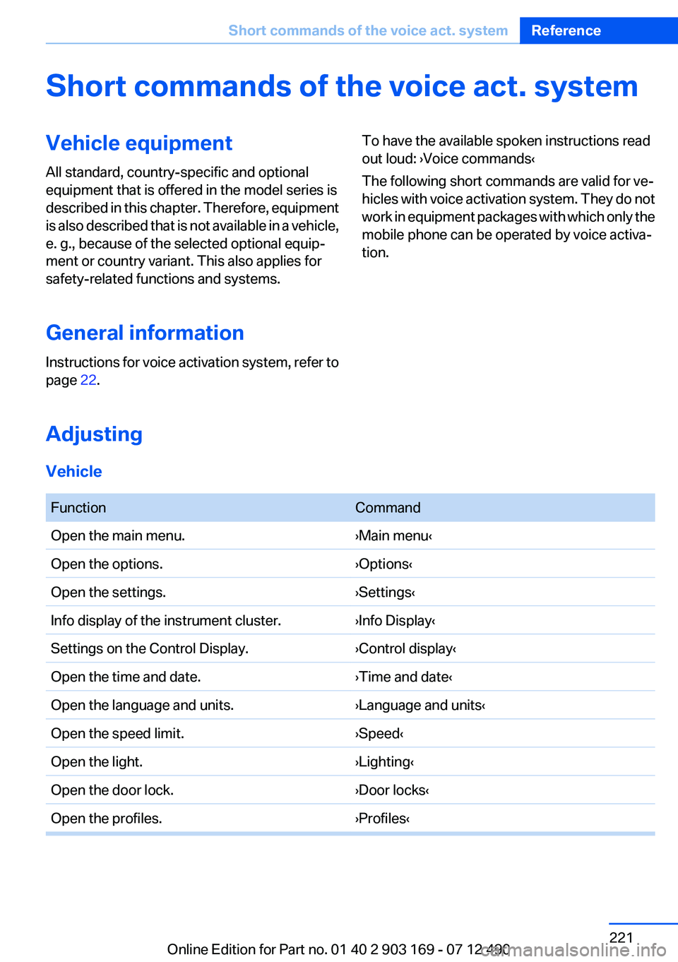 BMW 650I CONVERTIBLE 2013  Owners Manual Short commands of the voice act. systemVehicle equipment
All standard, country-specific and optional
equipment that is offered in the model series is
described in this chapter. Therefore, equipment
is