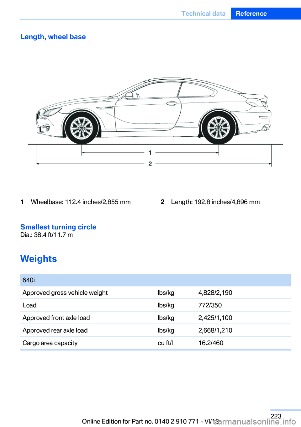 BMW 650I COUPE 2014 Owners Manual Length, wheel base1Wheelbase: 112.4 inches/2,855 mm2Length: 192.8 inches/4,896 mm
Smallest turning circle
Dia.: 38.4 ft/11.7 m
Weights
640iApproved gross vehicle weightlbs/kg4,828/2,190Loadlbs/kg772 BMW 650I COUPE 2014 Owners Manual Length, wheel base1Wheelbase: 112.4 inches/2,855 mm2Length: 192.8 inches/4,896 mm
Smallest turning circle
Dia.: 38.4 ft/11.7 m
Weights
640iApproved gross vehicle weightlbs/kg4,828/2,190Loadlbs/kg772