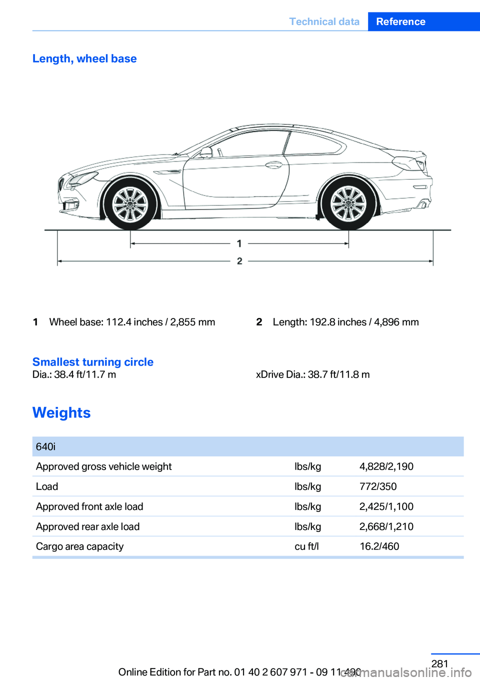 BMW 650I COUPE 2012 Owners Manual Length, wheel base1Wheel base: 112.4 inches / 2,855 mm2Length: 192.8 inches / 4,896 mm
Smallest turning circle
Dia.: 38.4 ft/11.7 mxDrive Dia.: 38.7 ft/11.8 m
Weights
640iApproved gross vehicle weig BMW 650I COUPE 2012 Owners Manual Length, wheel base1Wheel base: 112.4 inches / 2,855 mm2Length: 192.8 inches / 4,896 mm
Smallest turning circle
Dia.: 38.4 ft/11.7 mxDrive Dia.: 38.7 ft/11.8 m
Weights
640iApproved gross vehicle weig